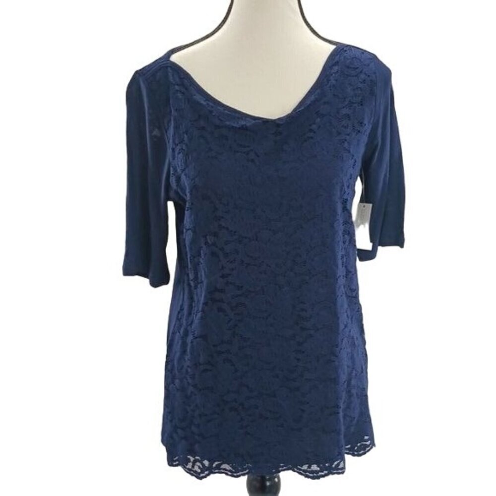 New York & Company Blouse Womens Size S Navy Blue Lace Half Sleeve Scoop Neck